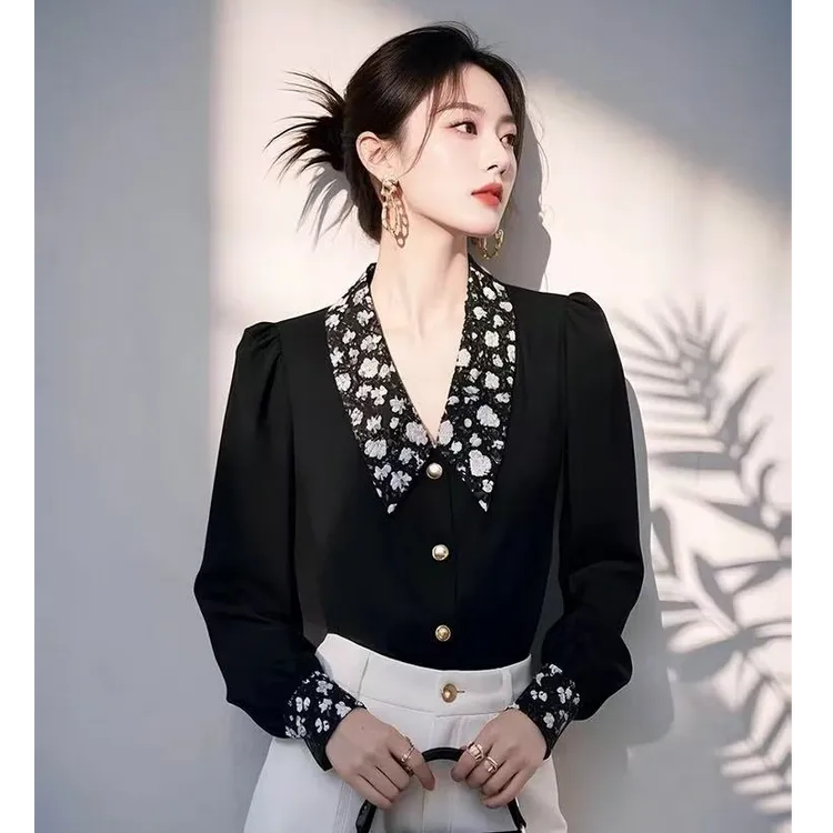 今年爆款黑色碎花长袖衬衫女2025早春新款轻奢高级感职业法式衬衣