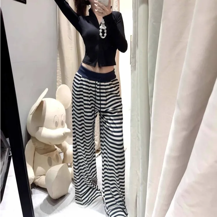 显高加长小众设计感条纹阔腿裤女秋季高腰宽松显瘦休闲针织拖地裤