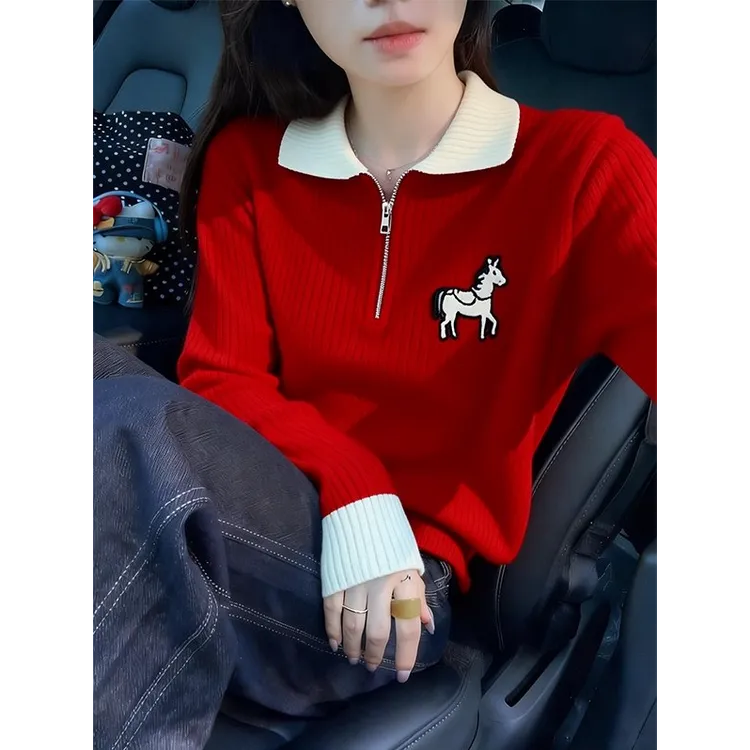 马年红色翻领刺绣毛衣针织打底衫女2026春秋季氛围感时尚洋气上衣