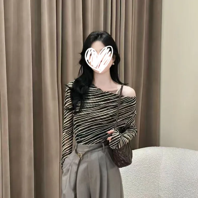 【朱朱家高定】设计感斑马纹长袖T恤女2025秋季新款打底衫上衣8487