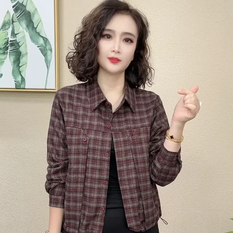 2025秋季新款气质时尚格子翻领长袖洋气显瘦百搭女士衬衫#41567