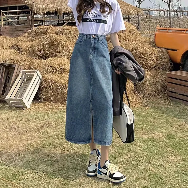 蓝色开叉牛仔半身裙女2025秋季新款胖mm显瘦遮胯a字中长包臀裙子