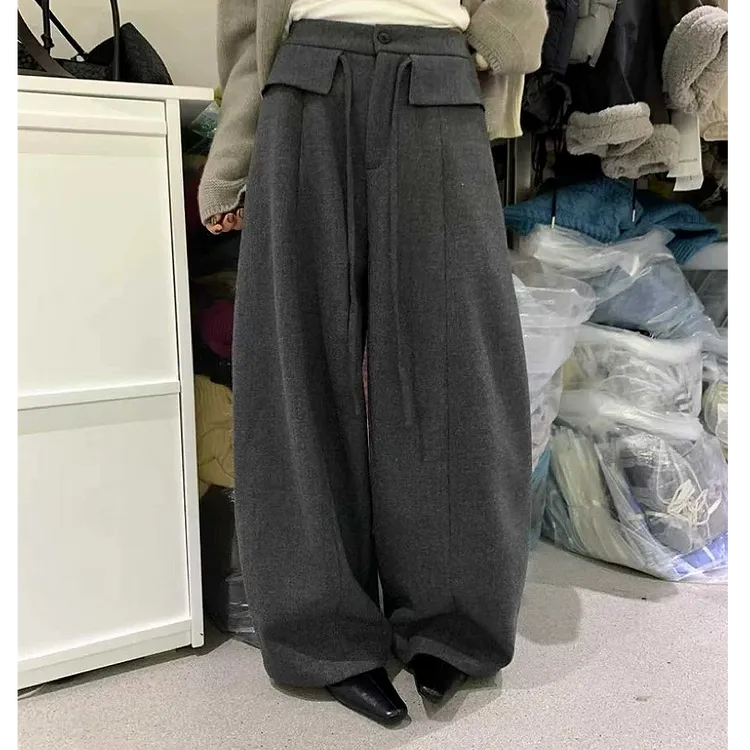新款时尚洋气百搭阔腿裤毛呢加绒裤子新款时尚洋气百搭女装休闲裤