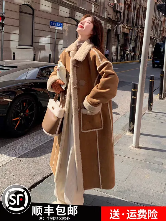 换季清仓复古美拉德皮毛一体麂皮绒大衣女2024韩系牛角扣过膝外套