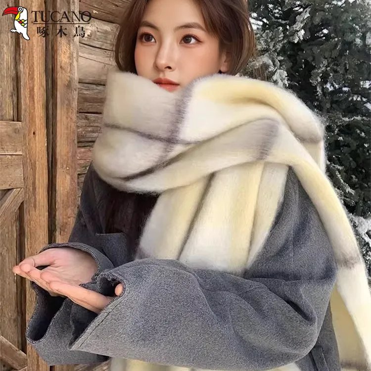 啄木鳥2025年新款黄色格子围巾女冬季氛围感韩版加厚保暖围脖披肩