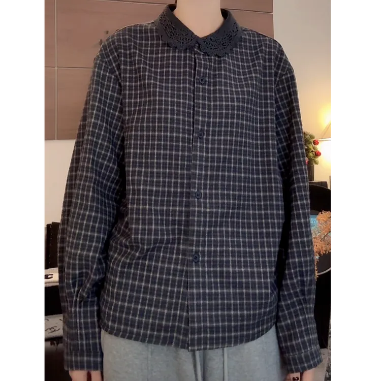 【加厚加绒】2025秋冬新款小众设计感极简百搭镂空翻领格纹长袖衬衫