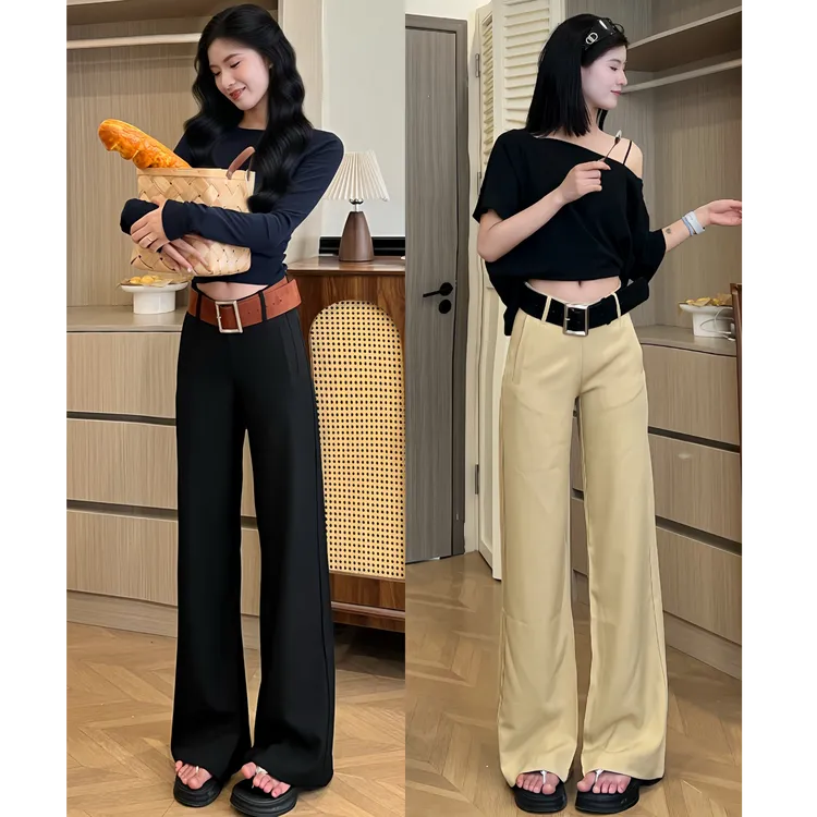 黑色中腰裤子女款爆款2025新款女春夏卡其长裤宽松阔腿裤喇叭裤灰