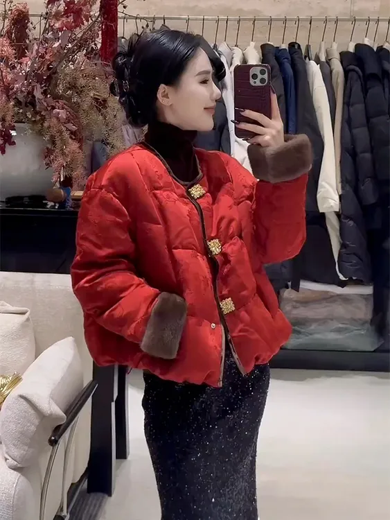 轻奢新中式国风红色外套复古短款独特超好看羽绒服女冬季2025新款