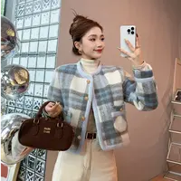 洋气加厚蓝色格子小香风女2025年冬季气质奶油风高级感保暖外套