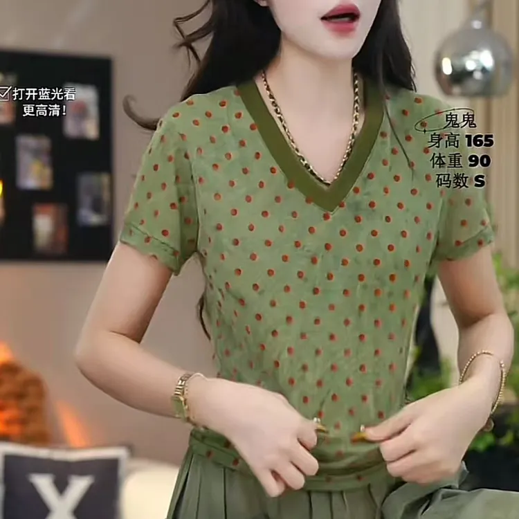 【绿色波点】夏季圆领显瘦套头潮流洋气出行罩衫T恤女