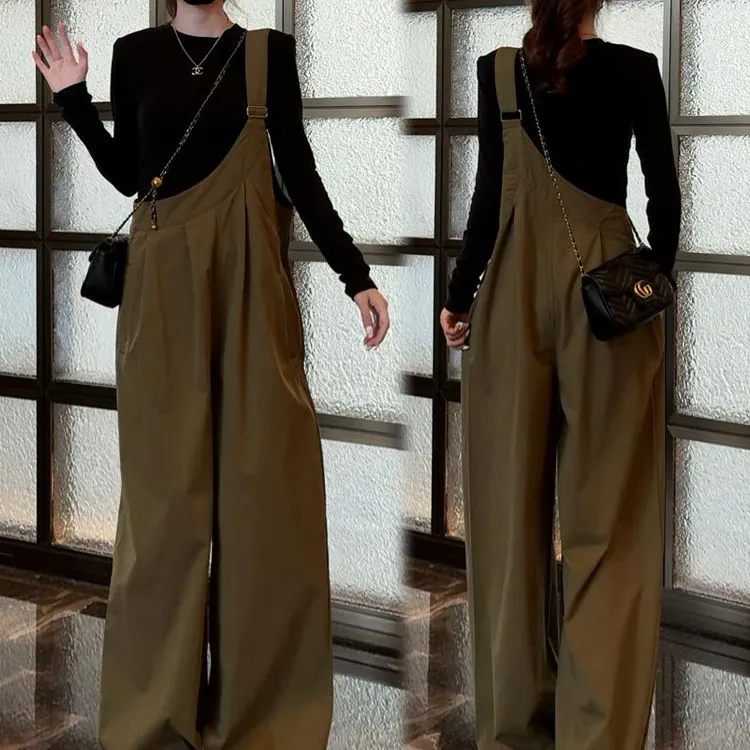 时尚套装女2025秋季新款长袖T恤温柔阔腿连体裤工装背带裤两件套