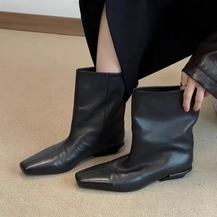 羊皮版~瘦腿低跟骑士靴2025秋冬新款复古方头宽筒短靴女百搭黑色