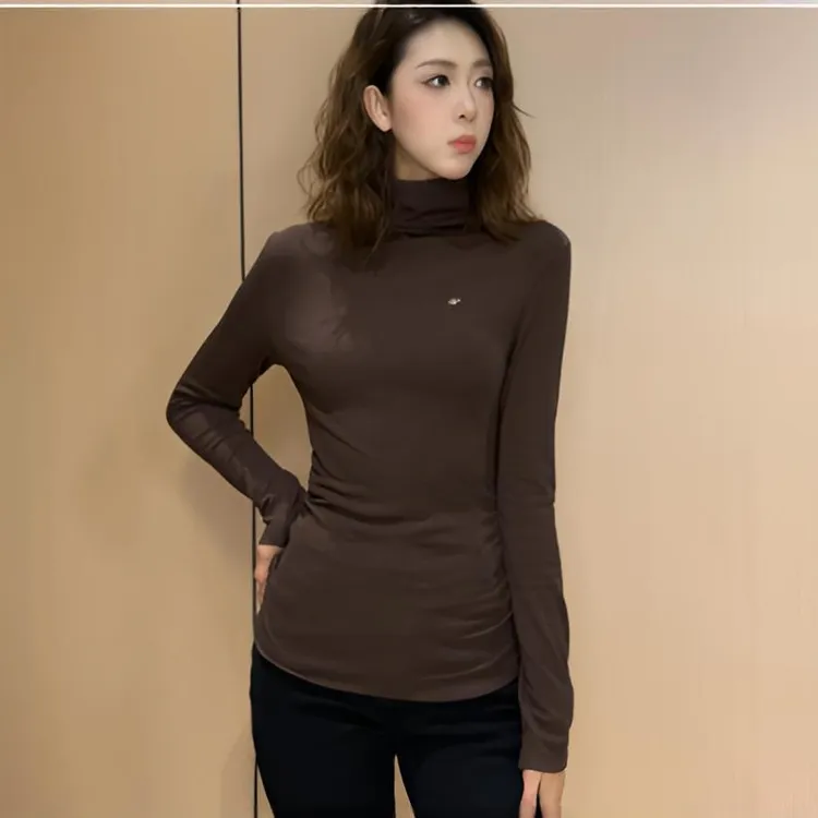 美式正肩磨毛半高领打底上衣舒适毛绒收腰设计感简约长袖L1067