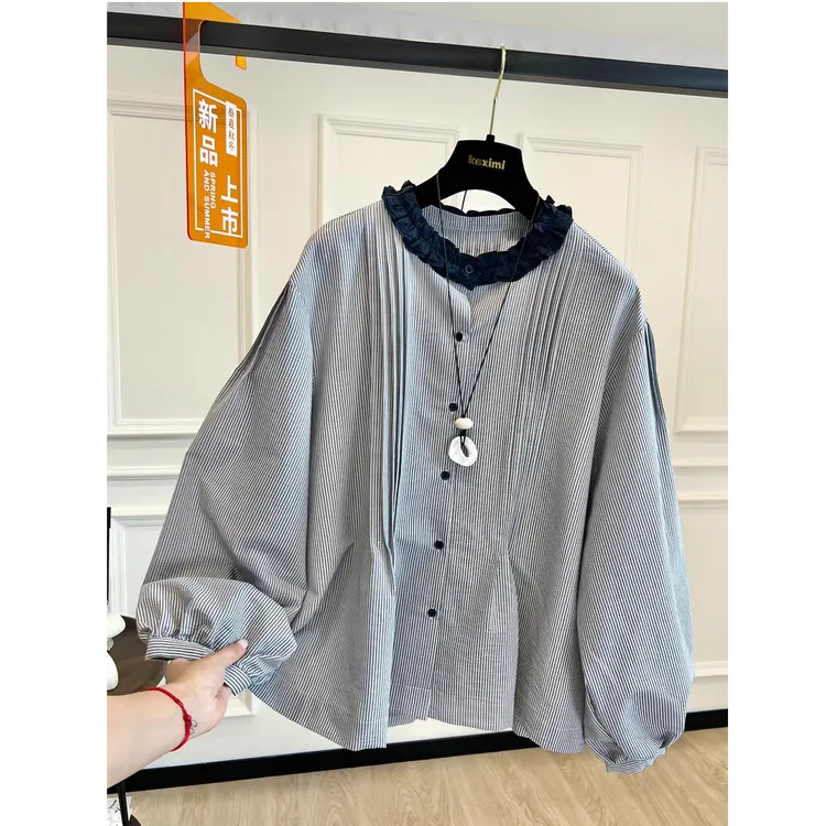 欧洲站2025秋季新款木耳边领口宽松灯笼袖娃娃衫条纹衬衫女上衣