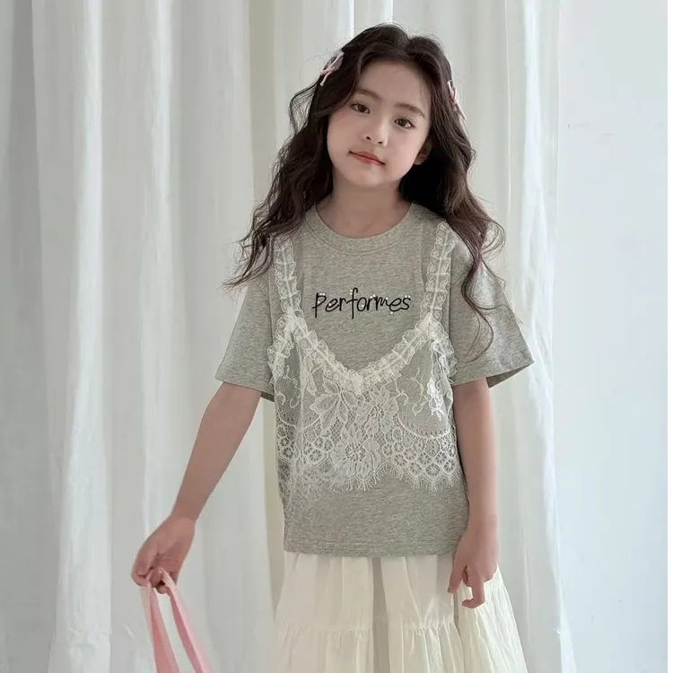 2025CallmeGG女童蕾丝拼接短袖夏季仙女风潮流短袖假两件10988