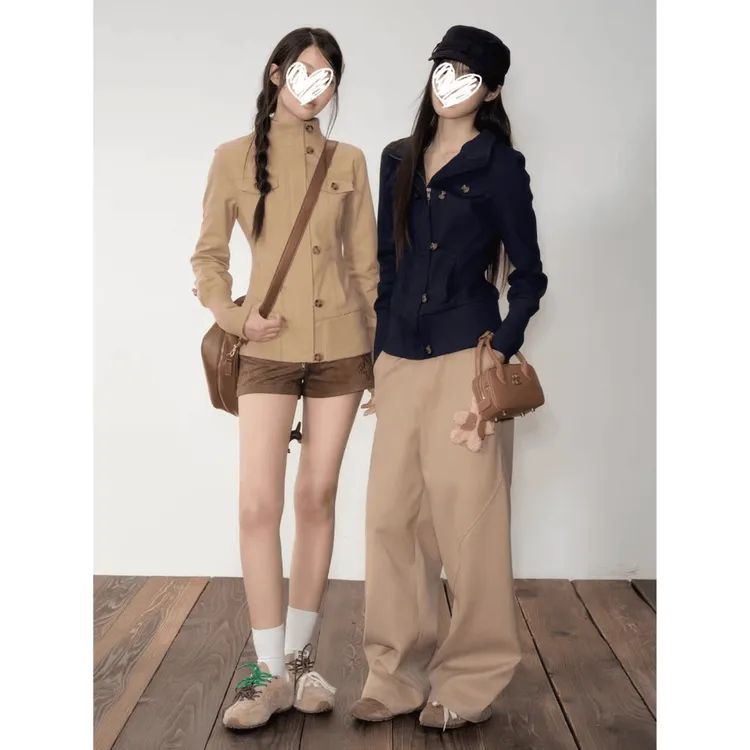 外套女复古休闲做旧卡其色2025秋季法式高级感修身显瘦长袖短上衣