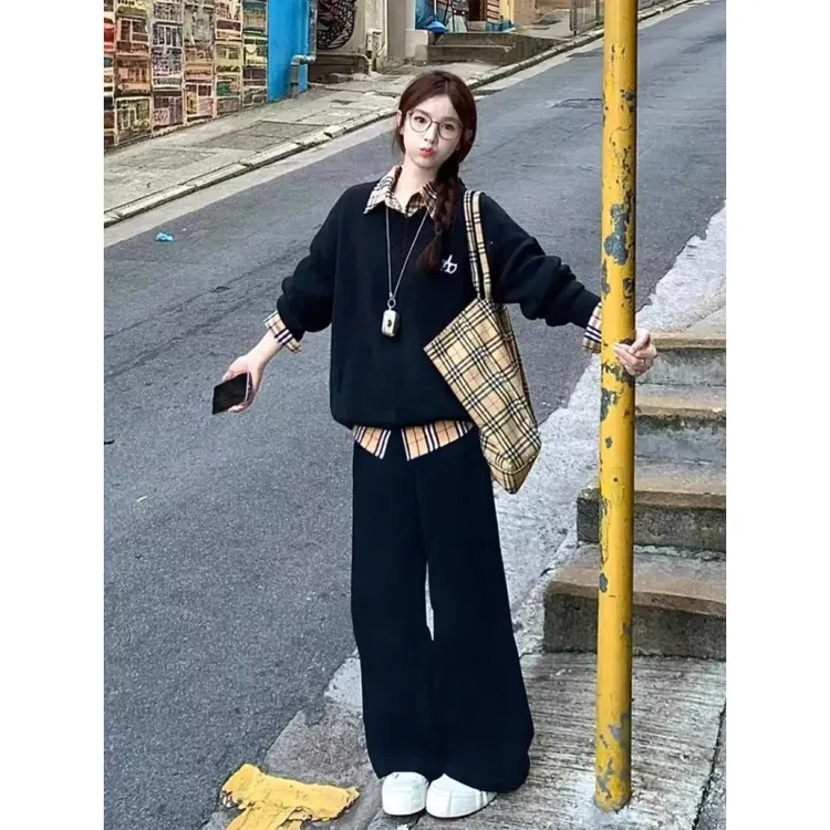 超大码300斤港风复古假两件格子卫衣阔腿裤男女秋季时尚两件套装