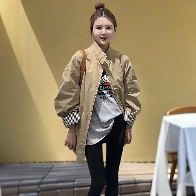 欧货2025春季新款宽松休闲立领阔版格子翻袖拼接中长款风衣外套女