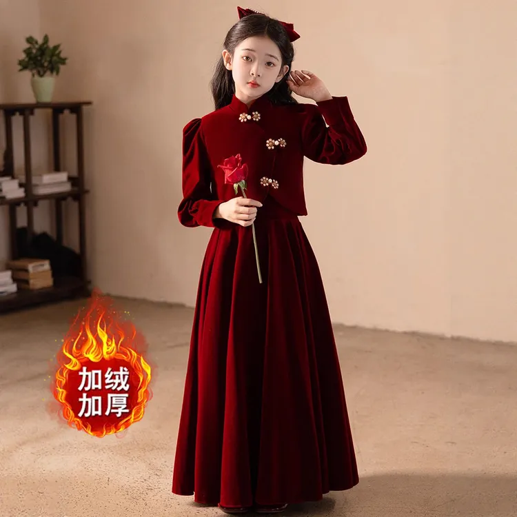 红色礼服女童高端花童女孩公主裙儿童主持人钢琴演奏演出服秋冬季