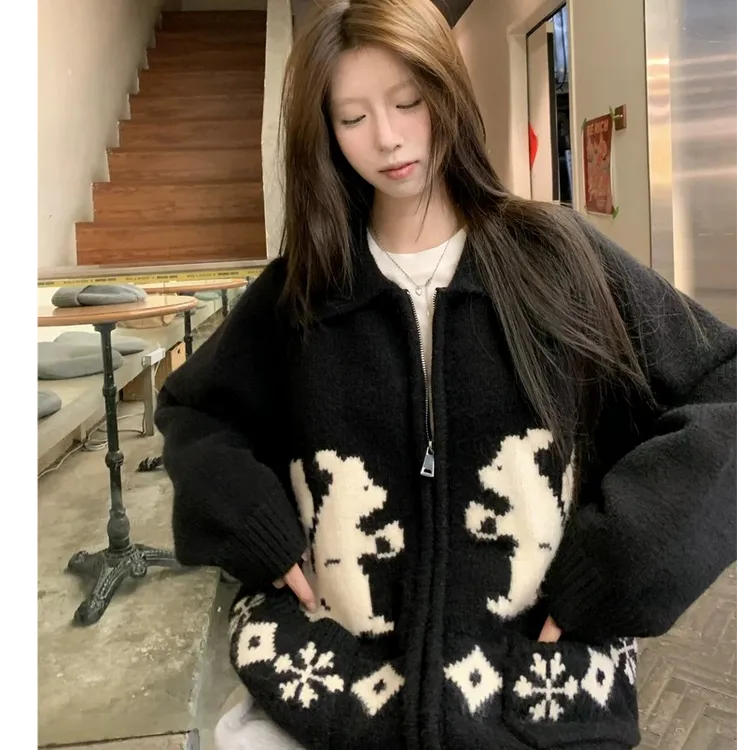 翻领拉链提花毛衣外套春秋冬慵懒风休闲ins暗黑宽松加厚针织开衫