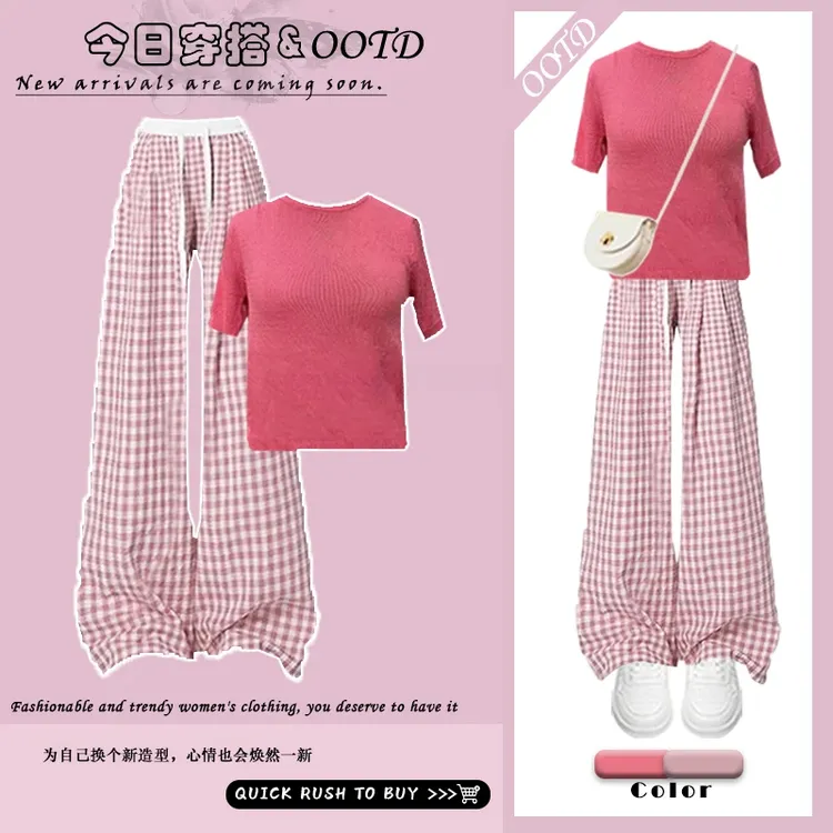 2025夏季一整套装新款可爱少女风上衣搭配粉色系时尚格子裤两件套