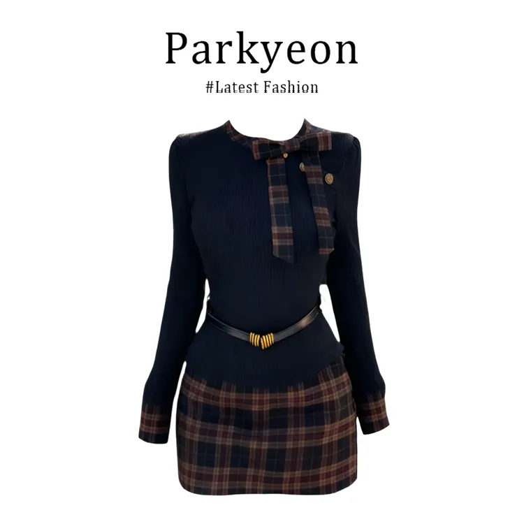 MARIE.COCO法式气质格纹拼接蝴蝶结长袖针织衫高腰半身裙秋冬套装