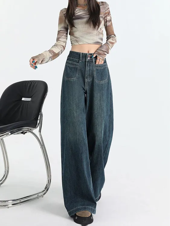 2025新款深蓝复古高腰阔腿牛仔裤女宽松遮胯显瘦时尚垂感拖地裤子