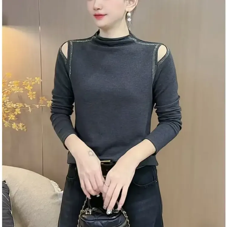 秋季新款时尚女士上衣重工烫钻双肩镂空半高领打底纯色百搭小衫