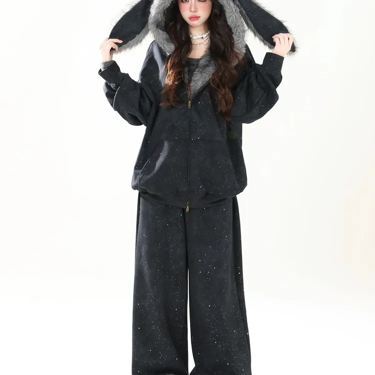 兔耳朵满天星连帽纯欲风毛绒长袖外套女秋冬新款休闲裤两件套百搭