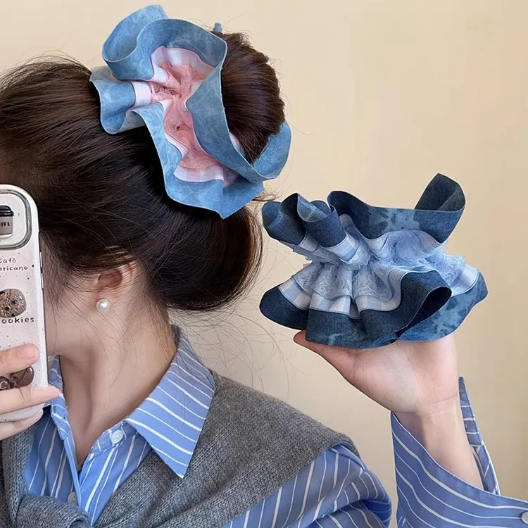 藏青色大肠发圈女2025新款韩系小众设计简约发绳外出百搭发卡头箍