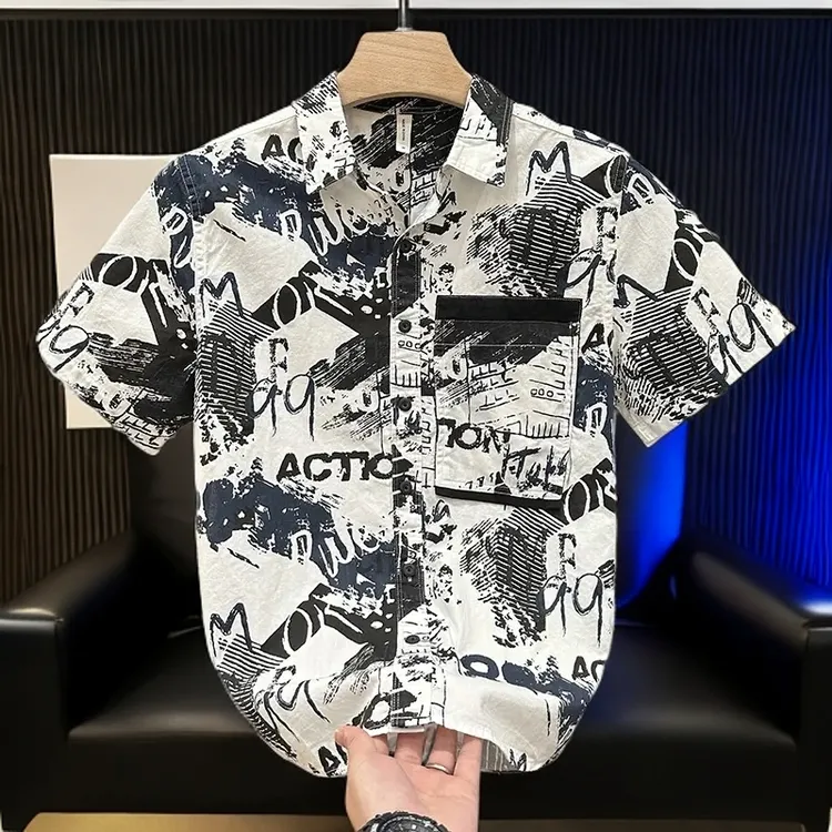 100%纯棉舒适雅痞印花衬衫夏季新款轻奢男士休闲薄款透气个性衬衣