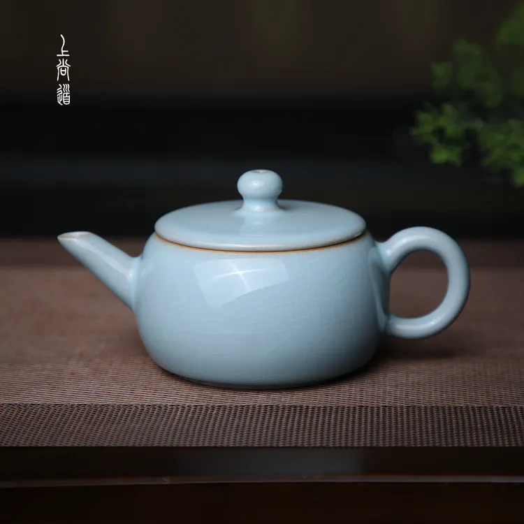 上尚道 汝瓷石鼓壶160ml原矿天青手工茶壶支钉简约汝窑冰裂纹功夫