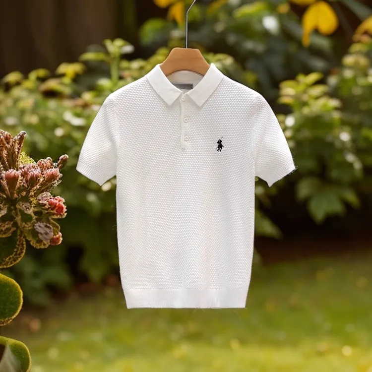 巴康波劳白色休闲翻领短袖毛衣男士夏季新款潮牌时尚刺绣针织半截