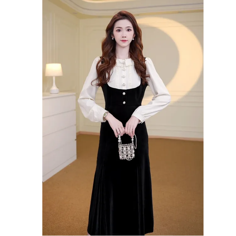 【南油四姐】2025秋季新轻奢优雅时尚收腰假两件衬衫连衣裙D3575