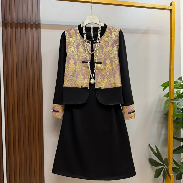 新款大码女装欧货时尚复古典雅风马甲十打底裙两件套套装