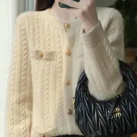 100纯羊毛衫女气质显瘦加厚圆领开衫D327清