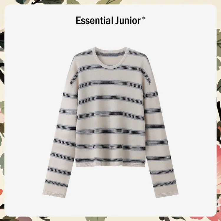 简约风宽松圆领条纹针织衫女 慵懒舒适百搭长袖上衣时尚撞色黑白