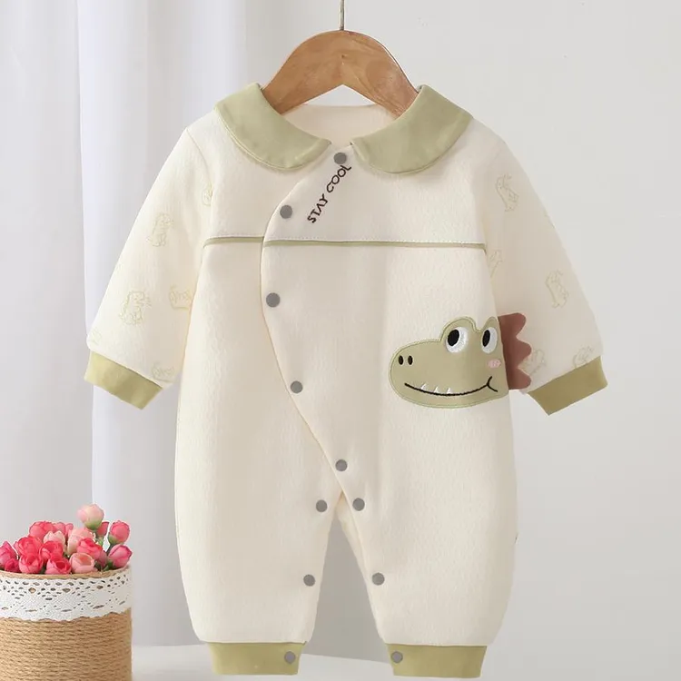 秋冬季新款200克夹棉连体衣男女宝宝哈衣卡通连身衣偏襟爬服