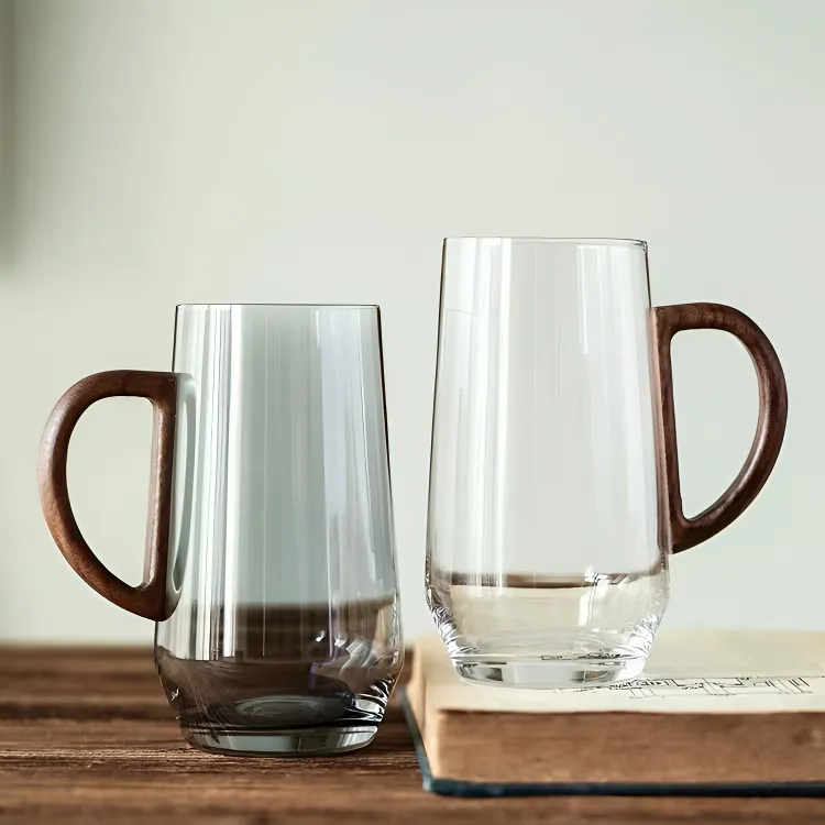 高级感日式泡茶杯玻璃加厚耐热水杯胡桃木办公泡茶杯咖啡杯绿茶杯