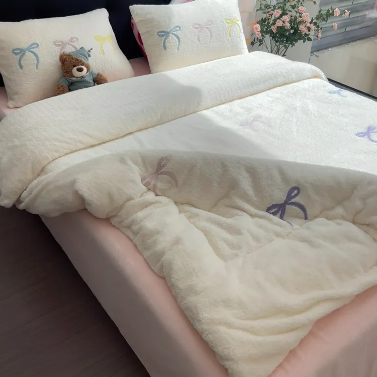 加厚简约轻奢蝴蝶结毛巾绣软糯蓬松双面绒泰迪绒四件套被套珊瑚绒