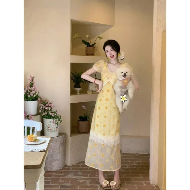 夏日绝美黄色网纱拼接设计连衣裙子女装新款收腰显瘦泡泡袖长裙潮