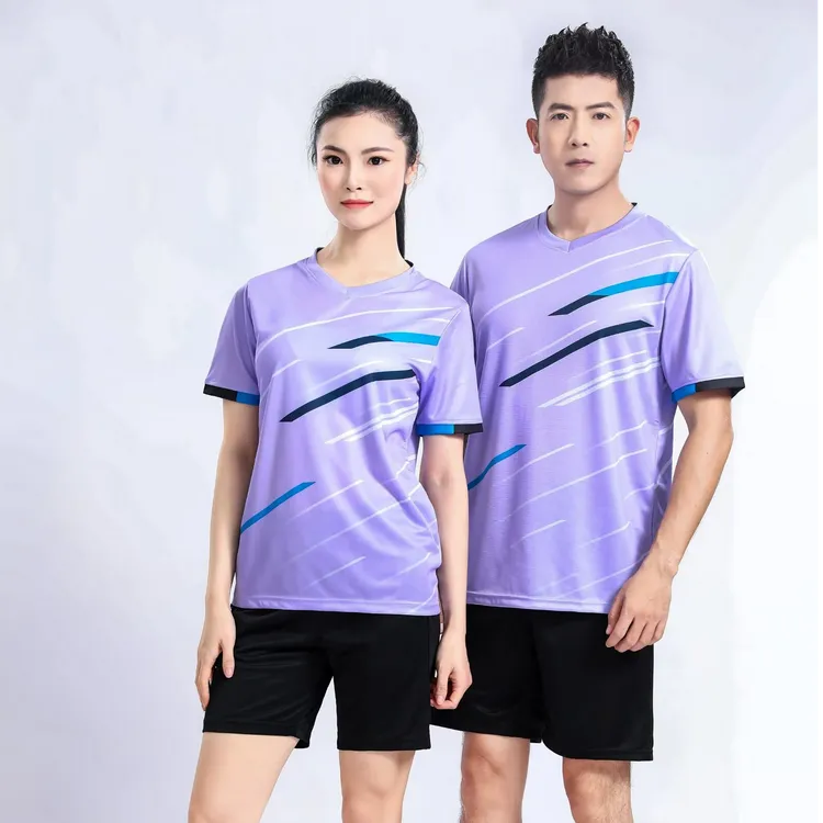 V领羽毛球服短袖男女通用修身速干运动T恤上衣球衣紫色休闲风定制
