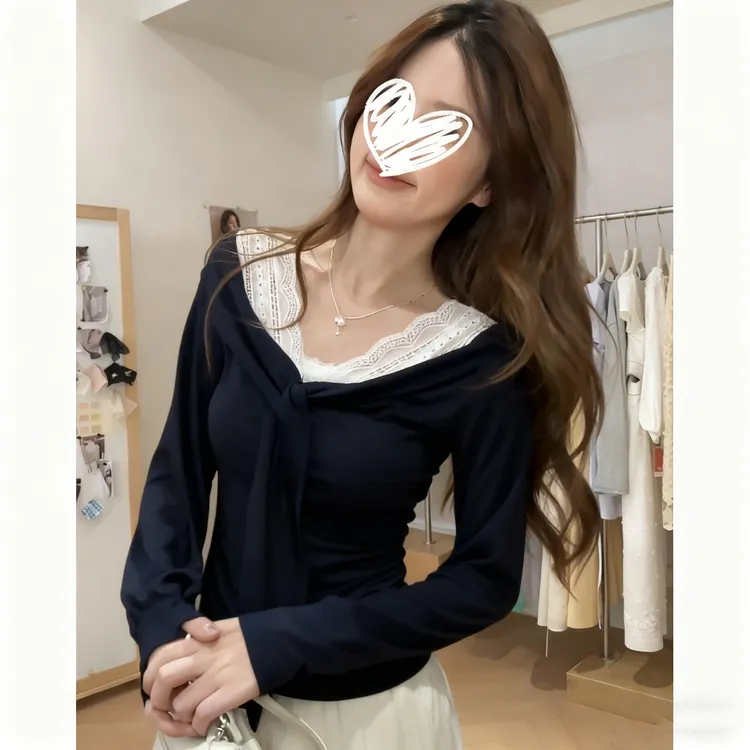 现货！纯欲风辣妹蕾丝拼接一字肩短袖T恤2025秋新款设计感绑带上衣