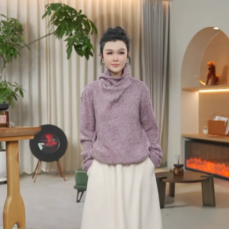 羊毛复古花纱慵懒系带围巾翻领针织上衣W-63685