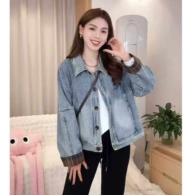 2025秋季新款格子拼接牛仔外套女韩系流行高级感短款上衣小个子