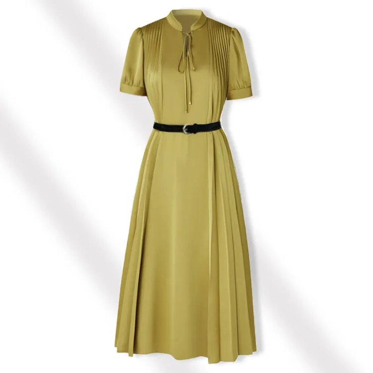 【静一 一】轻奢休闲橄榄绿夏季气质显瘦裙子收腰连衣裙0332