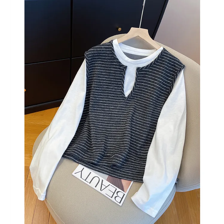 高级感V领条纹针织背心假两件长袖T恤女2025秋季宽松洋气打底衫潮
