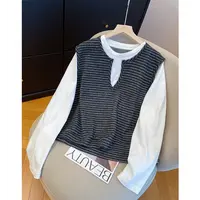 高级感V领条纹针织背心假两件长袖T恤女2025秋季宽松洋气打底衫潮