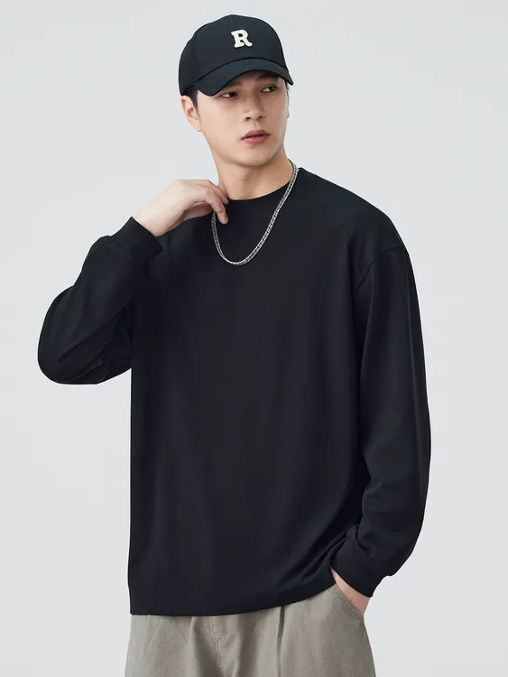 300g重磅纯棉宽松长袖T恤男款秋冬季黑色圆领纯色内搭打底衫上衣