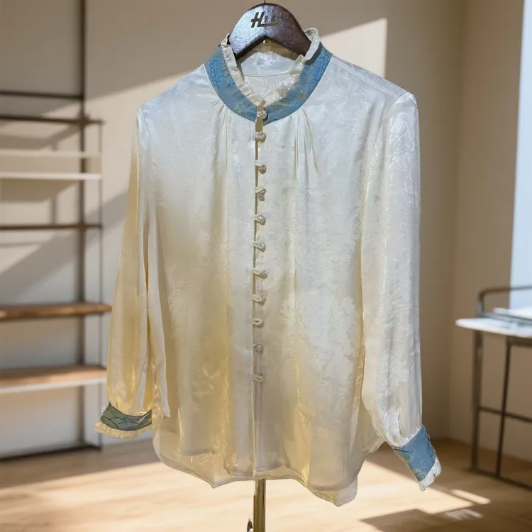 新中式国风衬衫上衣袖口领口带刺绣衬衣打底衫